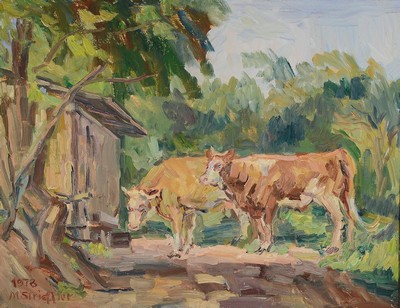 Marie Strieffler, 1917-1987 Landau, Kühe vor dem Stall, Öl/Lwd, links unten signiert und dat. 1978, ca. 60x75cm, R. ca. 68x85cm
