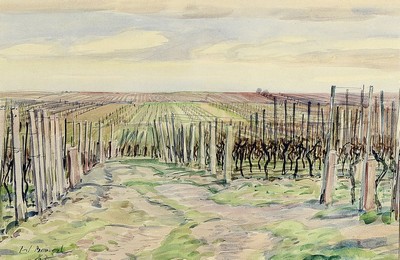 Werner Brand, 1933-2021, Landschaft mit Rebenzeilen, Aquarell auf Papier, links unten signiert und dat. 87, ca. 25x38cm, PP, u.Gl., R. ca. 53x63cm