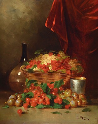 L. Hauser, Künstler der 1.H. des 20.Jh., Früchtestillleben mit Johannisbeeren, Kirschen und Silberbecher, rechts unten signiert, Öl/Lwd, breiter ...