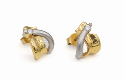 Paar 14 kt Gold Brillant-Ohrstecker, GG/WG 585/000, WG satiniert, 2 Brillanten zus. ca. 0.16 ct Weiß/si, total ca. 5.3 g