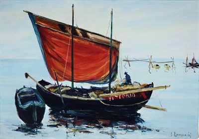 Anton Lamprecht, 1901 Allershausen - 1984 München, Studium bei Kunowskin Düsseldorf und an der Akademie München, Fischerboot vor der Küste, ...