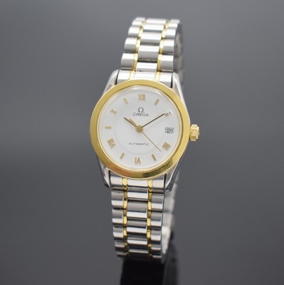 OMEGA Classic Damenarmbanduhr in Stahl/Gold, Schweiz um 1990, Automatik, Ref. 566 0285, Boden aufgedr., orig. Gliederband m. Faltschl., weißes ...