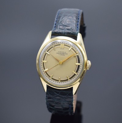 JUNGHANS Chronometer vergoldete Herrenarmbanduhr, Deutschland um 1960, Handaufzug, verschr. Stahlboden, silb. guill. Duoton-Zifferbl. pat., gold. ...