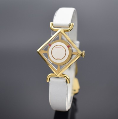 JUVENIA vergoldete Cocktail Watch, Schweiz 1960er Jahre, Handaufzug, quadratisches Geh., Boden aufgedr., weißes Zifferbl. m. roten Zeigern, Kal. ...