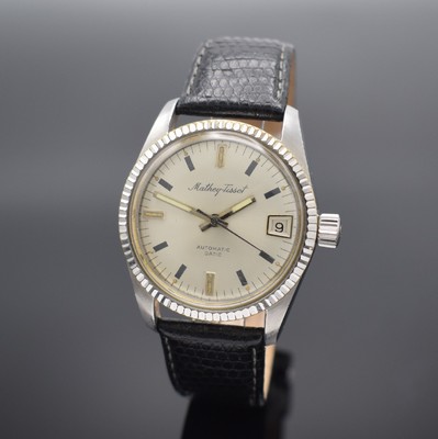 MATHEY-TISSOT Datic Herrenarmbanduhr in Stahl, Schweiz um 1965, Automatik, Boden & Krone verschr., rhod. Riffel-Lünette, silb. Tritium-Zifferbl. m. ...