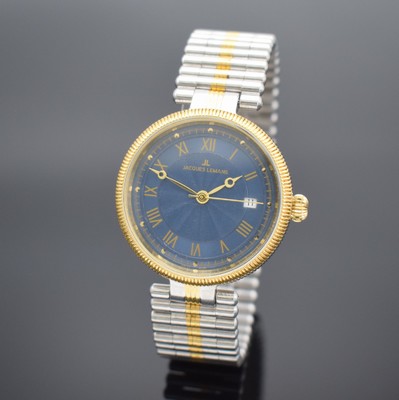 JACQUES LEMANS Herrenarmbanduhr in Stahl/Gold, Schweiz um 2000, Automatik, geriffeltes Geh. & Lünette, Boden verschr., neutr. Stahlband m. dopp. ...