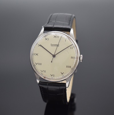 EBERHARD & CO Herrenarmbanduhr in Stahl, Schweiz um 1940, Handaufzug, Boden aufgedr., silb. Zifferbl. pat., röm. Zahlen, gebl. Zeiger korrod., ...