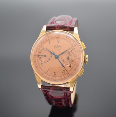 DOGMA Prima Herrenchronograph in RoséG 750/000, Schweiz um 1950, Handaufzug, Geh. dell., Boden & Glasrand aufgedr., kupferfarb. Zifferbl. m. arab. ...