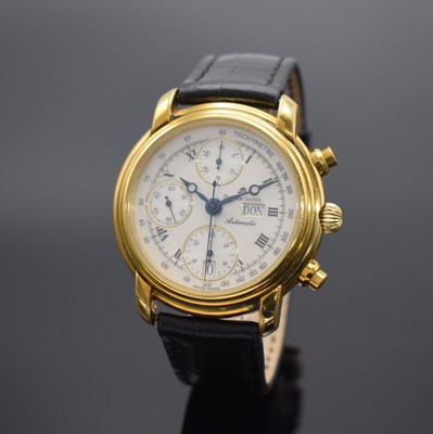 MAURICE LACROIX Croneo vergoldete Herrenarmbanduhr mit Chronograph, Schweiz um 1995, Automatik, Ref. 39353, Boden aufgedr., silb. guill. ...