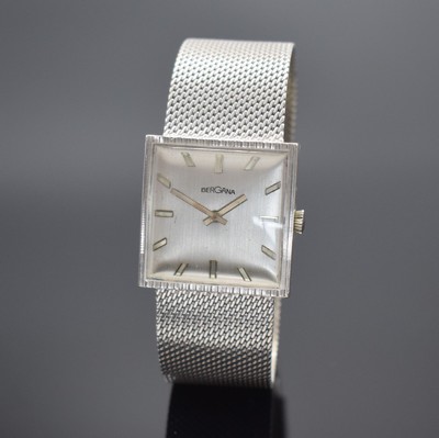 BERGANA Armbanduhr in WG 585/000, Schweiz um 1970, Handaufzug, WG 585/000 Milanaiseband, Boden aufgedr., silb. Zifferbl. m. silb. Std.-Ind. & ...