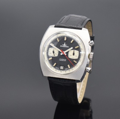DUGENA Herrenchronograph in Stahl, Schweiz um 1970, Handaufzug, unpoliertes verschr. Geh., schwarzes Zifferbl., weiße Hilfsblätter & ...