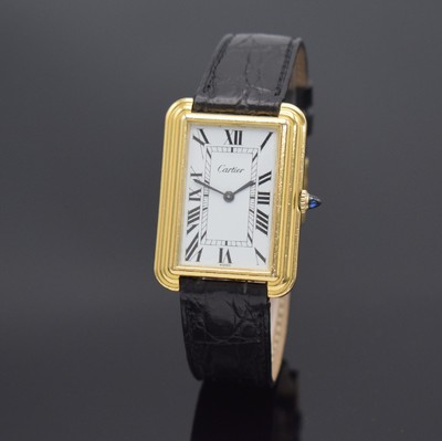 CARTIER Square seltene große Armbanduhr, Schweiz um 1975, Handaufzug, verg., rechteck. Geh., Boden 4-fach verschr., getreppte Lünette, Mineralglas ...