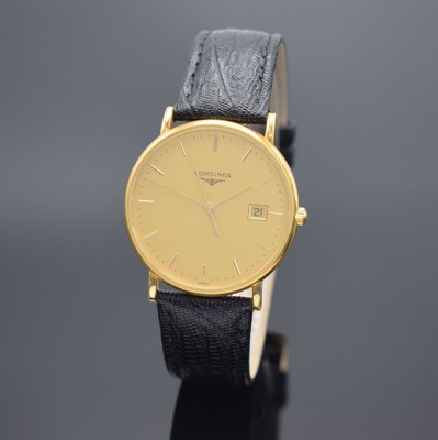 LONGINES Présence Herrenarmbanduhr in GG 750/000, Schweiz um 2012, quarz, Ref. L4.743.6, Boden m. Widmung aufgedr., goldfarb. Zifferbl. m. gold. ...