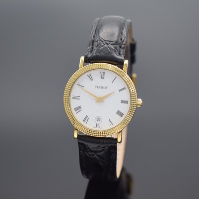 TISSOT Damenarmbanduhr in GG 750/000, Schweiz um 1995, quarz, Boden aufgedr., Lünette m. Nagelmuster-Design, weißes Zifferbl. m. röm. Zahlen, ...