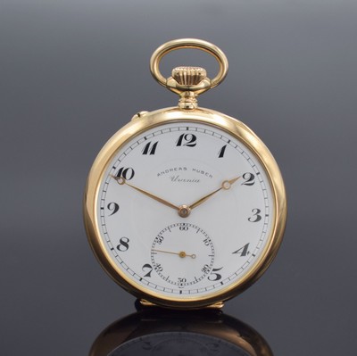 ANDREAS HUBER URANIA / IWC offene Taschenuhr in RG 585/000, Schweiz um 1925, glattes 2- Deckel Goldgeh., Cuvette & Zifferbl. bez. "Andreas Huber ...