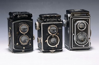 Drei TLR-Kameras, Rolleiflex und Ikoflex, 1930/40er-Jahre, a. Rolleiflex I, Franke & Heidecke, 1929/30, Nr. 111980, f3.8, stärkere Gebr.-sp.; b. ...