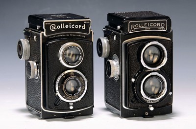 Zwei TLR-Kameras, Rolleicord, Franke & Heidecke Braunschweig, 1930/40er-Jahre, a. Rolleicord II, Modell I, 1936/37, Seriennr. 1957820 (Objektiv), ...