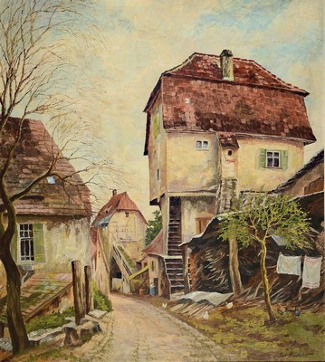 Rudi Müllers, 1895 München - 1972 Heidelberg , Studium an den Akademien München und Leipzig, hier: Ansicht einer Dorfstraße, wohl Mückenloch bei ...