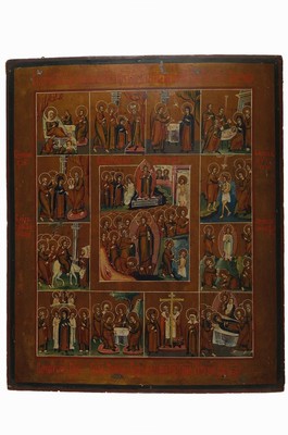 Festtagsikone, Russland, um 1900, Tempera auf Holz, 13 Felder mit Vitaszenen von Christus, ca. 44x37cm