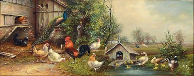 A. Hofmann, Künstler um 1900, Hühnerhof mit Ententeich, Handtuchformat, Szenerien kompositorisch verbunden, links unten signiert , Öl/Holz, ...