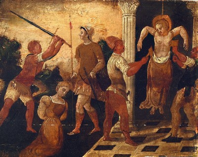 Unbekannter Traditionalist des späten 19.Jh, Simultandarstellung der Leiden aus der Vita Katharinas von Alexandrien: rechts die Darstellung des ...