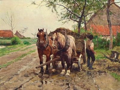 Frans van Leemputten, 1850 Werchter - 1914 Antwerpen, Studium an der Akademie Brüssel, ein Bauer Heu auf ein Pferdefuhrwerk ladend, für Leemputten ...