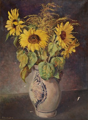 Wilhelm Eichenlaub, Künstler des 19./20.Jh., Blumenstillleben mit Sonnenblumen in Steinzeugkrug mit Blaumalerei, links unten signiert u. datiert 46, ...