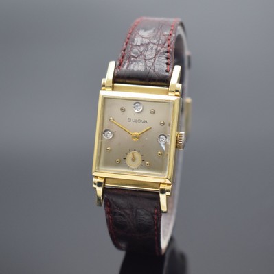 BULOVA Armbanduhr in GG 585/000, USA um 1941, Handaufzug, 2-tlg. Geh., Boden aufgedr., bewegl. Bandanst., silb. Zifferbl. m. aufgel. Std.-Ind. & 3 ...