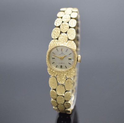 ARCTOS ausgefallene Damenarmbanduhr in GG 585/000, Schweiz um 1970, Handaufzug, an GG 585/000 Armband, Boden aufgedr., silb. Strukturzifferbl. pat., ...