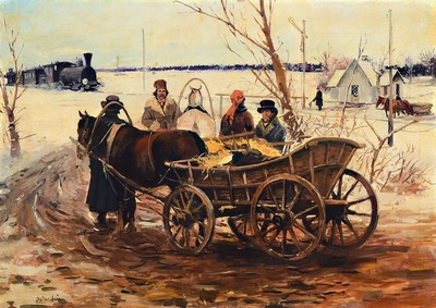 Stanislaw Batowski-Kaczor, 1866-1946 Lemberg , drei Personen mit zweispännigem Heuwagen, im Hintergrund ein Zug mit Dampflokomotive, Öl/Lwd, rest., ...