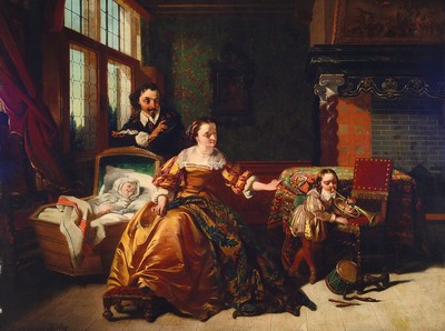 Casimir van den Daele, 1818 Deinze/Ostflandern-1880 Moerbeke, vornehme Familie mit Kind und Säugling in der Stube, Öl/Holz, links unten signiert, ...