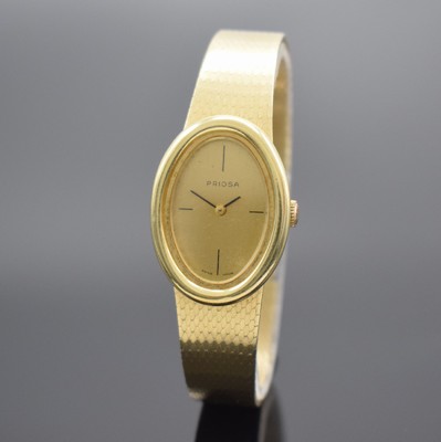 PRIOSA Damenarmbanduhr in GG 585/000, Handaufzug, Schweiz um 1970, 2-teil. Geh. an Milanaiseband, Boden aufgedr., gold. Zifferbl. altersbed. fl., ...