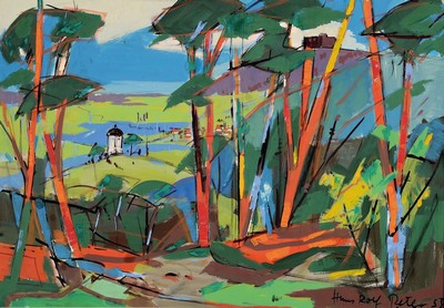 Hans Rolf Peter, 1926-2020 Neustadt a.d. Weinstraße, Blick auf Hambach, Gouache auf Papier, rechts unten signiert und dat. 58, ca. 46x66cm, u.Gl., ...