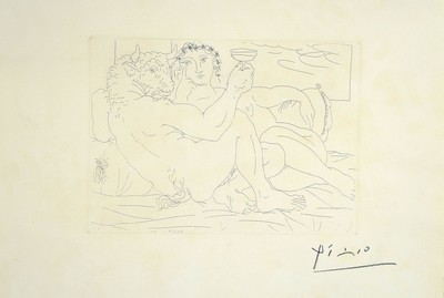 Pablo Picasso, 1881-1973, Minotaure, une coupe a la main, et jeune femme, Blatt Nr. 83 aus: La Suite Vollard, Radierung auf chamois-farbenem ...