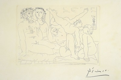 Pablo Picasso, 1881-1973, famille des saltimbanques, aus: La Suite Vollard, Radierung auf chamois-farbenem Büttenpapier mit Vollard-Wasserzeichen, ...