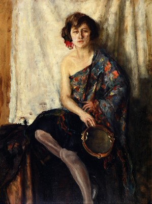 Unbekannter Maler, deutsch, frühes 20. Jh., Porträt einer sitzenden Frau mit Tambourin, Öl/Malkarton, unsigniert, ca. 64x48cm, R. ca. 75x59cm
