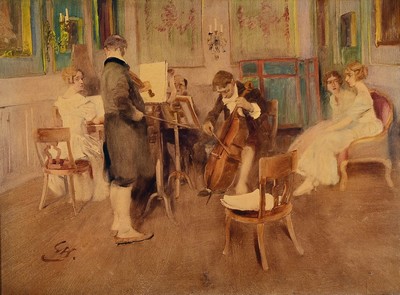 Wilhelm Schreuer, 1866 Wesel-1933 Düsseldorf, Beim Hauskonzert, Öl/Lwd, links unten signiert, ca. 60x80cm, R. ca. 80x100cm