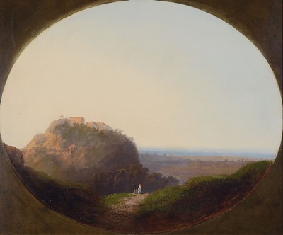 Unbekannter Künstler, Frankreich, um 1850, Landschaft in Südfrankreich, im Vordergrund ein Paar mit Kind, Öl/Malkarton, ovaler Bildausschnitt ca. ...