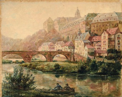 Ernst Toepfer, 1878 Wiesbaden-1955 Idstein, Studium an den Akademien Karlsruhe und Berlin, hier: Blick auf Weilburg an der Lahn, Öl/ Malkarton, ...