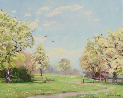 Fritz Hildebrandt, 1878 Quedlinburg-1970, Frühling am Bodensee, blühende Bäume, Öl/Lwd/Hartfaser, rechts unten signiert, ca. 40x50cm, R. ca. ...