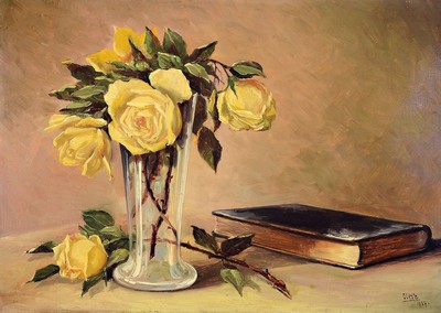Josef Olexa, 1901-1983, Stillleben mit Buch und gelben Rosen, Öl/Malkarton, gewölbt, rechts unten signiert, ca. 36x49cm, R. ca. 45x59cm