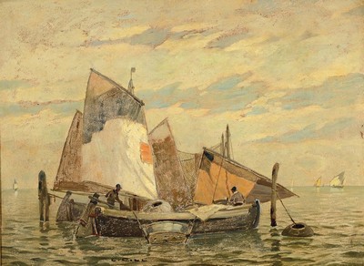 Ludwig Dill, 1848 Gernsbach-1940 Karlsruhe, Fischerboote bei Chioggia, Öl/Malkarton, signiert, ca. 56x76cm, R. ca. 69x89cm
