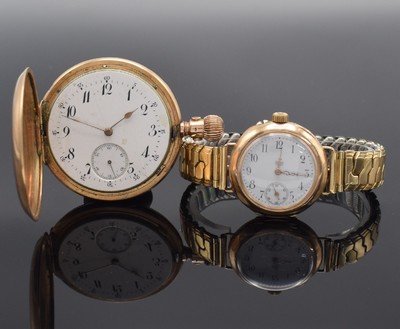 Savonette Taschenuhr & umgebaute Taschenuhr in RG 585/000, Schweiz um 1890-1900, beide m. Monogramm (1x guill.) & Metallcuvette, Emailzifferbl. m. ...