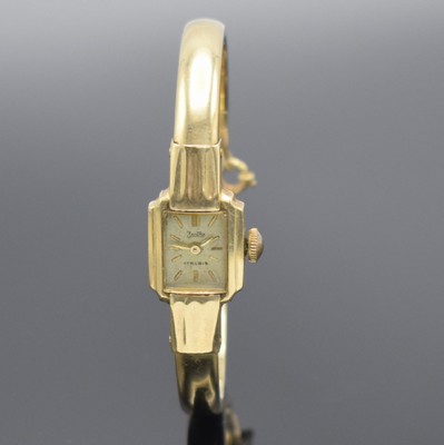 ZENTRA Damenspangenuhr in GG 585/000, Schweiz um 1940, Handaufzug, Boden aufgedr., silb. Zifferbl. pat./fl., gold. Std.-Ind. & Zeiger, Ankerwerk m. ...
