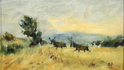 Willy Lorenz, 1901 Köln-1981, Hirsche auf freiem Feld, Öl/Malkarton, rechts unten monogr., rückseitig signiert, ca. 14x23cm, R. ca. 19x29cm