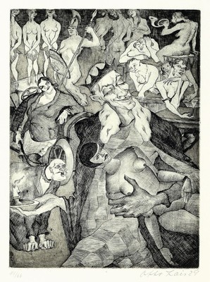 Otto Lais, 1897-1988, Hexensabbat, Radierung von 1929, handsigniert und num. 14/66, Platte ca. 27x36cm, gesamt ca. 58x5x 46cm