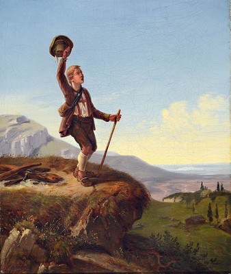 Friedrich Simon, 1809 Heidelbrg-1857 München, Studium an der Akademie München, weite sommerliche Landschaft mit jodelndem Hirtenjungen, Öl/Lwd, ...
