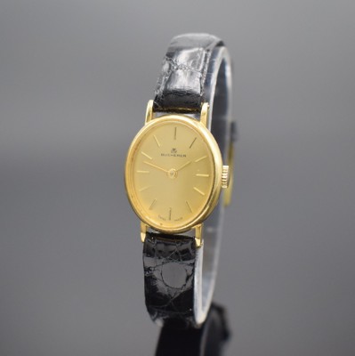 BUCHERER Damenarmbanduhr in GG 750/000, Schweiz um 1965, Handaufzug, Boden aufgedr., gold. Zifferbl. m. gold. Std.-Ind. & Zeigern, Kal. ETA 2412, 17 ...