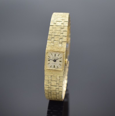VALGINE Damenarmbanduhr in GG 585/000, Schweiz 1960er Jahre, Handaufzug, Geh. an Goldband in GG 585/000, Boden aufgedr., silb. Strukturzifferbl. m. ...