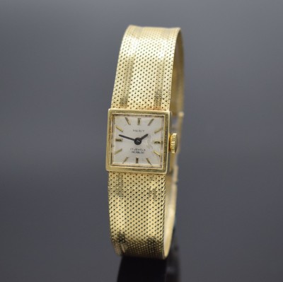 MERIT GG 585/000 Damenarmbanduhr, Schweiz 1960er Jahre, Handaufzug, an GG 585/000 Armband, Boden aufgedr., silb. Zifferbl. m. aufges. gold. Std.-Ind. ...